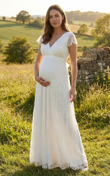 Lace Cap Sleeve Maternity Wedding Dress with V-Neck and Floor Length Skirt