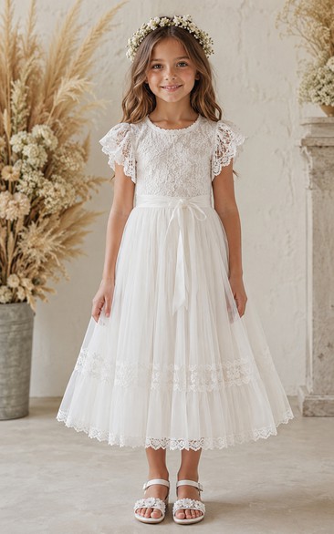 White Boho Tea-Length A-Line Lace Flower Girl Dress with Ruffles