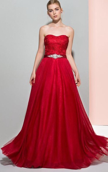 A-Line Sweetheart Beading Lace Sashes Floor-Length Prom Dress