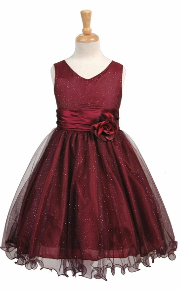 Knee-Length V-Neck Tiered Charmeuse Flower Girl Dress