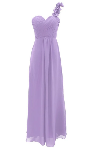One-shoulder Chiffon Dress With Floral Strap
