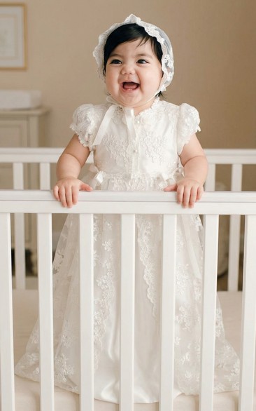White Infant Flower Girl Dress Puff Sleeve Lace Christening Gown