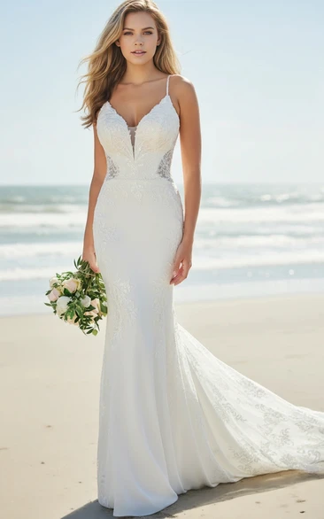Spaghetti Lace Slim Fit Beach Wedding Dress