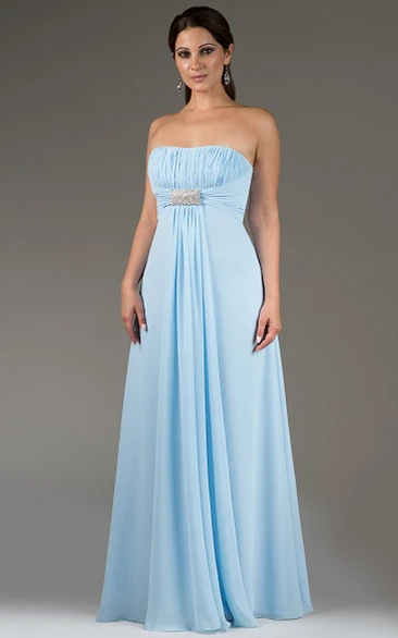 Pleated Bodice Strapless Chiffon Long Bridesmaid Dress With Beading Waist