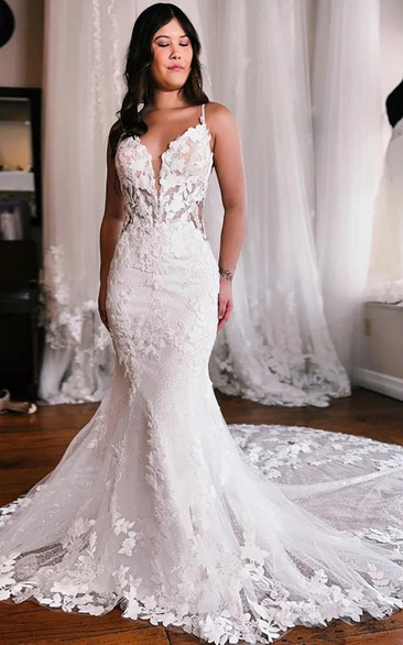 Illusion Lace Fit-and-Flare Wedding Dress with Plunging Neckline