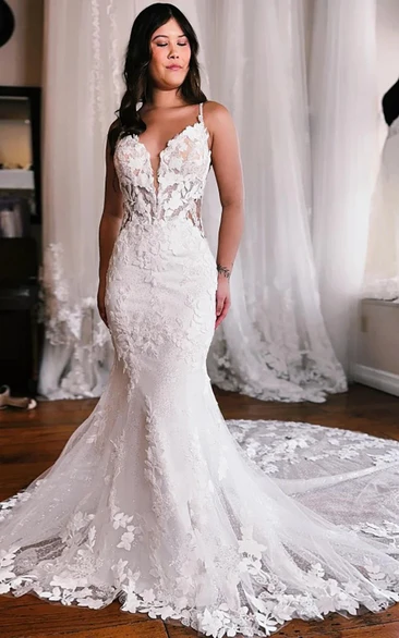 Illusion Lace Fit-and-Flare Wedding Dress with Plunging Neckline