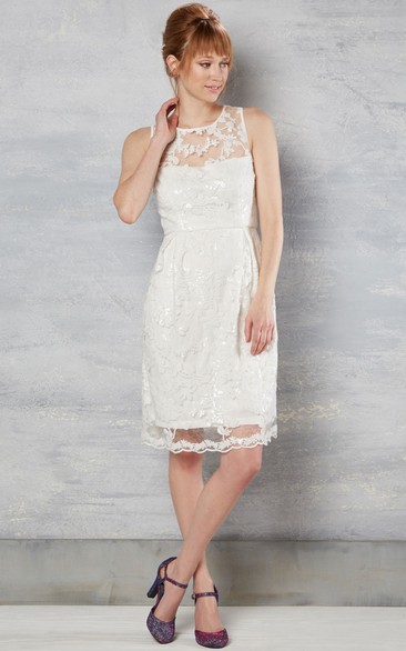 Sleeveless Knee-Length Scoop-Neck Lace Wedding Dress With Appliques