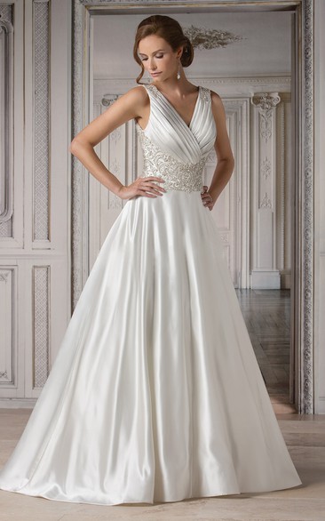 Sleeveless V-Neck A-Line Gown With Ruches And Deep Scoop-Back
