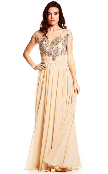 Scoop Neck Beaded Cap Sleeve Chiffon Prom Dress With Low-V Back