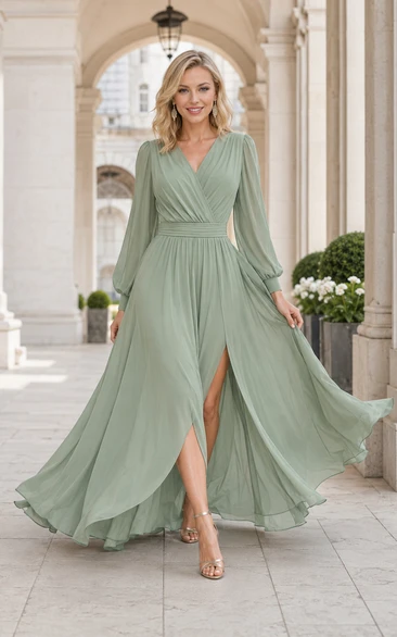Vestido de dama de honor de gasa color verde salvia de talla grande, corte en A, mangas largas estilo poeta, escote en V y falda con abertura.