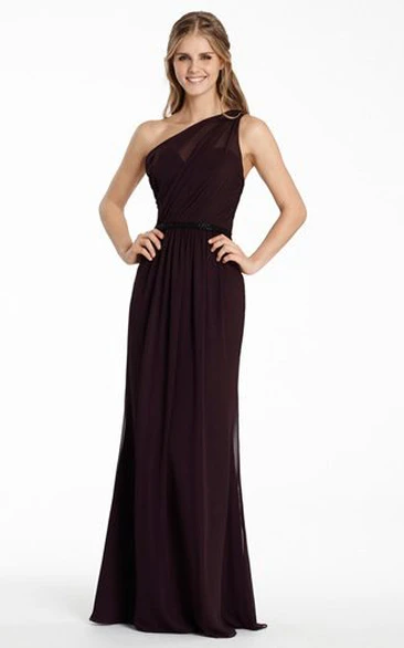 Sheath One-Shoulder Long Jeweled Sleeveless Chiffon Bridesmaid Dress With Ruching And Brush Train