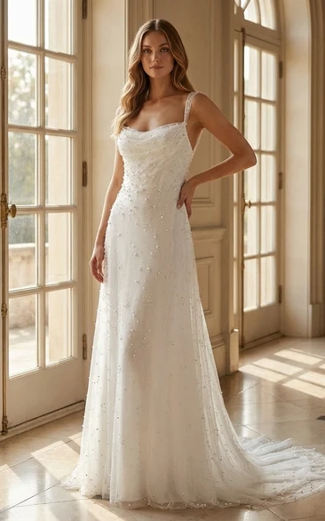 Beaded Wedding Dress Sheath Cowl Neck Spaghetti Strap Bridal Gown with Train
