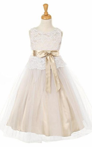 Tea-Length Bowed Tulle&Lace Flower Girl Dress