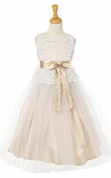 Tea-Length Bowed Tulle&Lace Flower Girl Dress