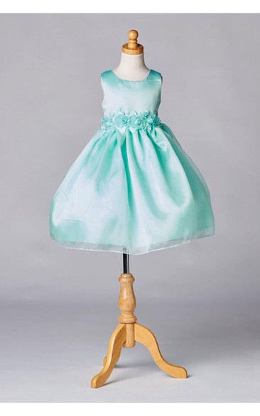 Scoop Neck Sleeveless A-line Ankle Length Organza Dress With Flower Sash