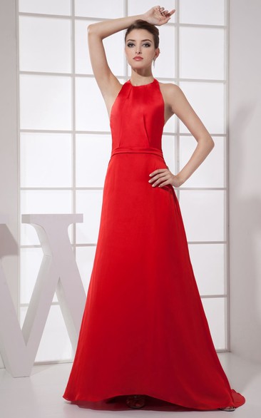 Sassy Satin Sleeveless Dress With Halter and Brush Train