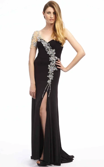 Sheath Floor-Length Beaded One-Shoulder Chiffon Prom Dress With Split Front