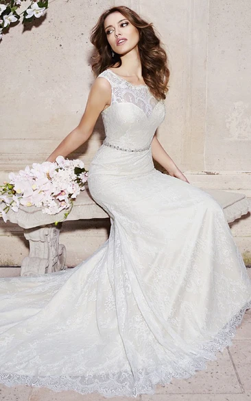 Sheath Sleeveless Bateau Appliqued Floor-Length Lace Wedding Dress With Waist Jewellery And Deep-V Back