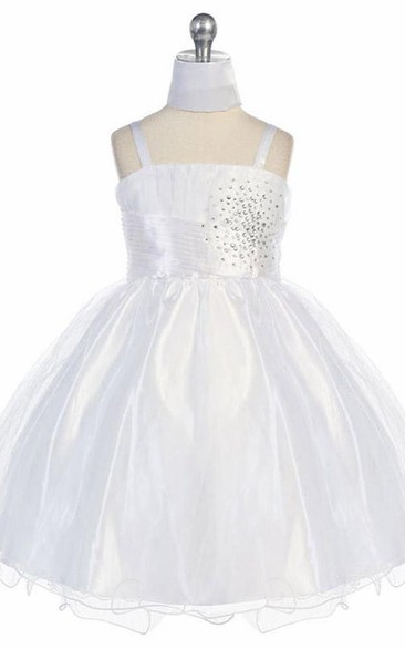 Mini Spaghetti Pleated Cap-Sleeve Tulle Flower Girl Dress With Cape