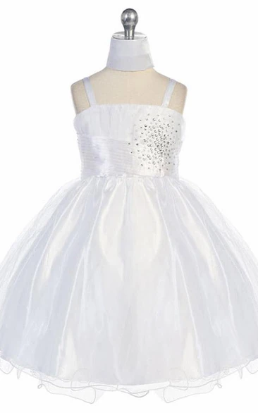 Mini Spaghetti Pleated Cap-Sleeve Tulle Flower Girl Dress With Cape