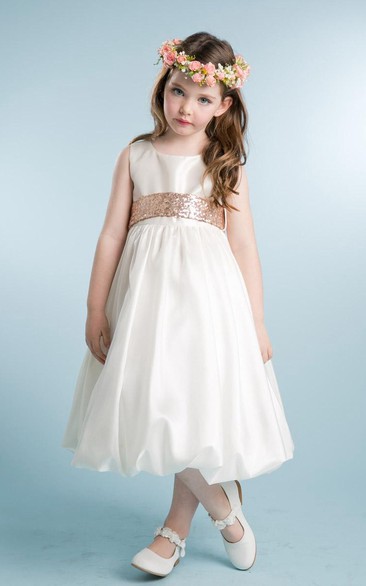 Tea-Length Sleeveless Tulle&Sequins Flower Girl Dress