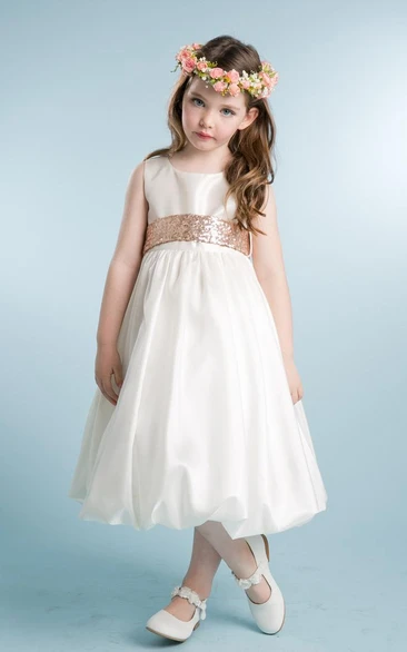 Tea-Length Sleeveless Tulle&Sequins Flower Girl Dress