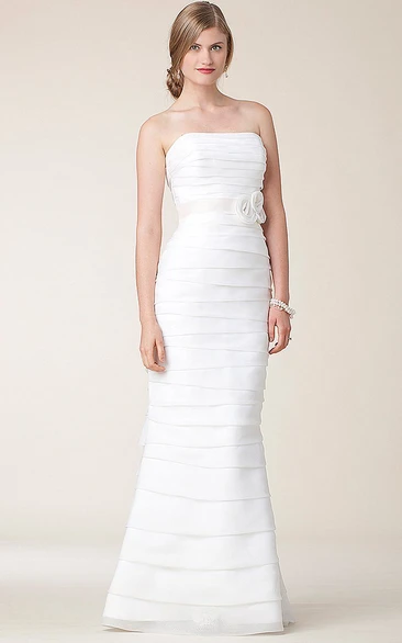 Sheath Sleeveless Strapless Maxi Ruched Satin Wedding Dress With Tiers And Bow