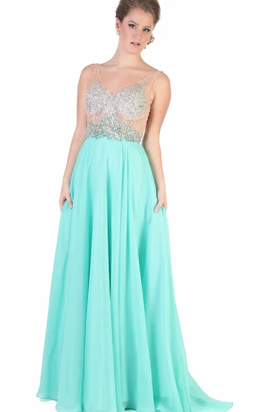 A-Line Long Beaded V-Neck Sleeveless Chiffon Evening Dress With Pleats
