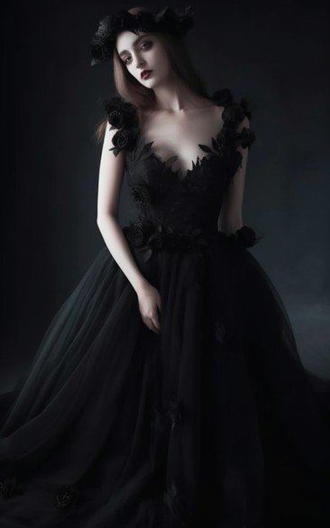 Gothc Black Ball Gown A-line Floral Applique Tulle Prom Princess Wedding Dress