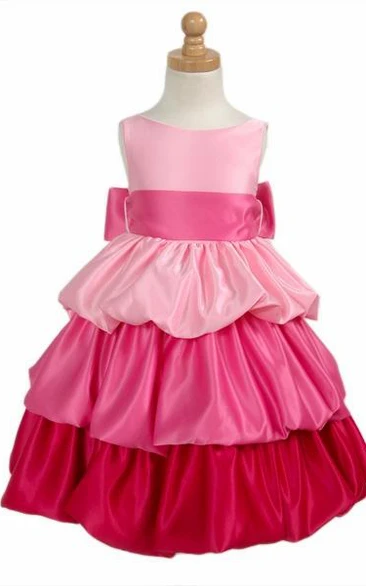 Tea-Length Sleeveless Tiered Satin Flower Girl Dress