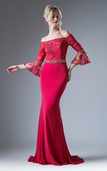 Sheath Long Off-The-Shoulder Puff-Sleeve Jersey Keyhole Dress With Beading And Appliques