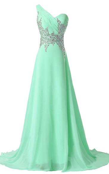 One-shoulder Rhinestoned A-line Gown With Illusion Back