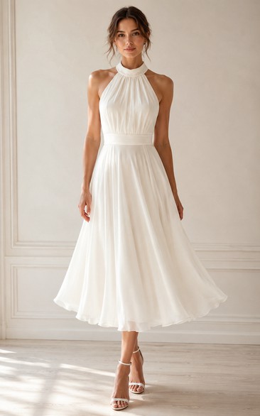 White Tea-length Halter Chiffon A-line Wedding Dress with Lace