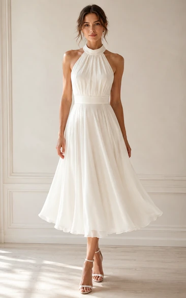 White Tea-length Halter Chiffon A-line Wedding Dress with Lace