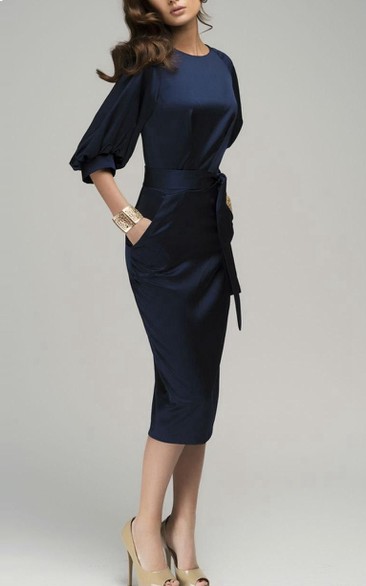 Casual Navy Blue Formal Retro Knee-Length Pencil Office Lady Work Dress with Belt- Dark Navy