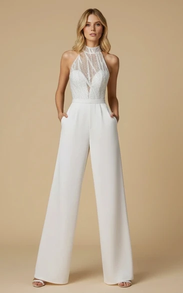 Lace Sheer High Neck Sleeveless Wide Leg Pocket Wedding Jumpsuit