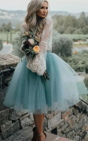 A-line Two Piece Long Sleeve Lace Tulle Illusion Tea-length Homecoming Dress