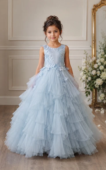 Princess Ball Gown Floor Length Sleeveless Tulle Flower Girl Dress with Blue tiered ruffle tulle princess skirt
