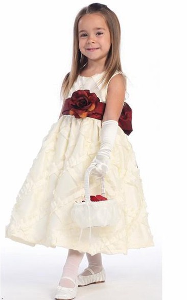 Floral Tea-Length Tiered Taffeta Flower Girl Dress With Embroidery