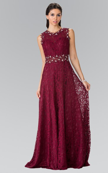 Sheath Long Jewel-Neck Sleeveless Lace Dress With Beading And Pleats