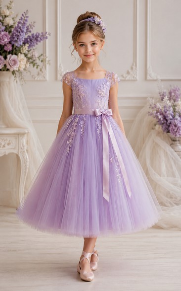 A-line Tea-length Cap Sleeve Tulle Lace Flower Girl Dress with Lavender lace bodice with tea-length tulle skirt