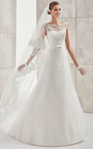 Jewel-neck Cap-sleeve A-line Wedding Dress with Lace Appliques and Illusive Design