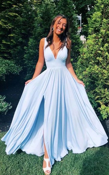 Sexy Plunged Simple Chiffon Front Split Sky Blue Dress