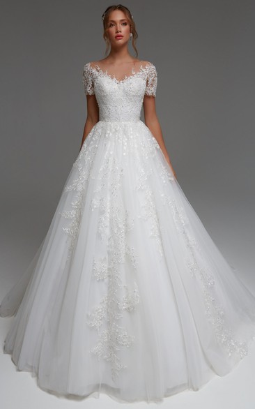 Ethereal Lace Bateau Short Sleeve Appliques Wedding Dress With Button