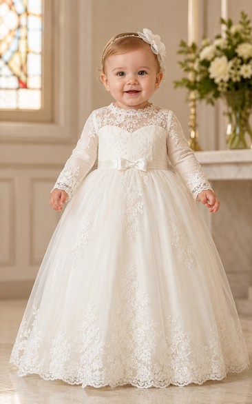 Baby Christening Gown Modest Princess Ball Gown Long Sleeve Illusion Tulle Lace Floor-Length with Bow Sash in Ivory