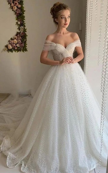 Off-the-shoulder Criss-cross A-line Ball Gown Wedding Dress with Crystal Detailings