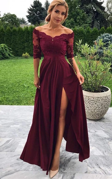 Burgundy Prom Half Sleeve Bridesmaid Maroon Formal Fiesta Front-Split Off-the-shoulder Dress