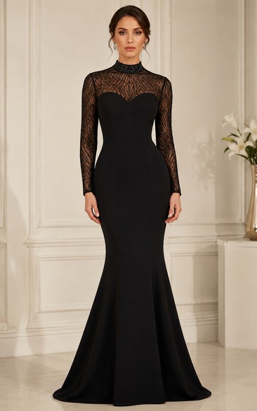 Black Lace Illusion Long Sleeve Mermaid Dress