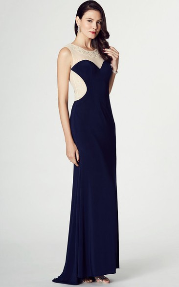 Sheath Long Scoop Beaded Sleeveless Chiffon Prom Dress With Illusion Back And Brush Train