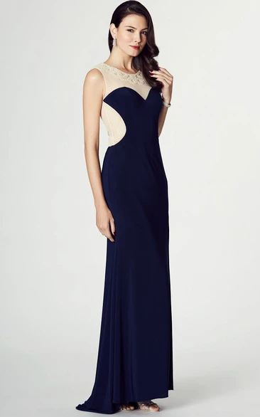 Sheath Long Scoop Beaded Sleeveless Chiffon Prom Dress With Illusion Back And Brush Train